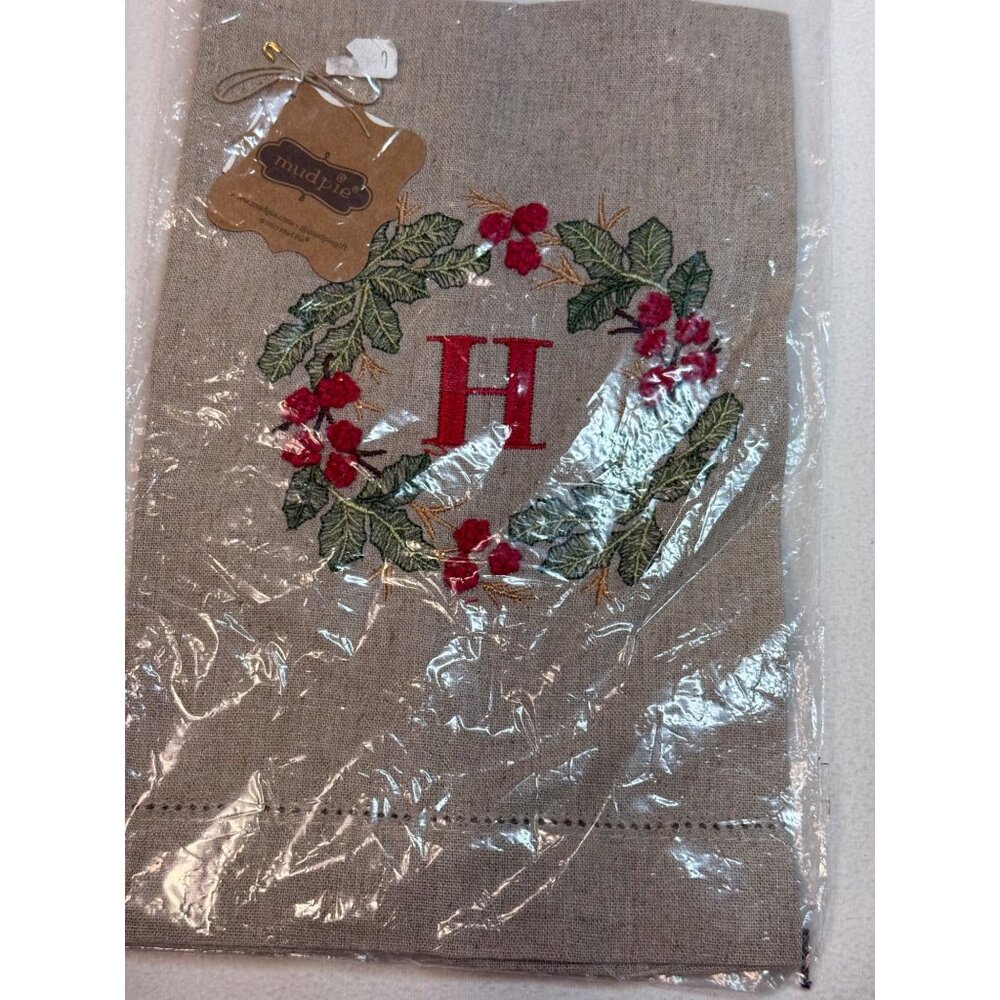 Mud Pie set of 2 initial H embroidered Christmas holly wreath French knot towel - Picture 9 of 9